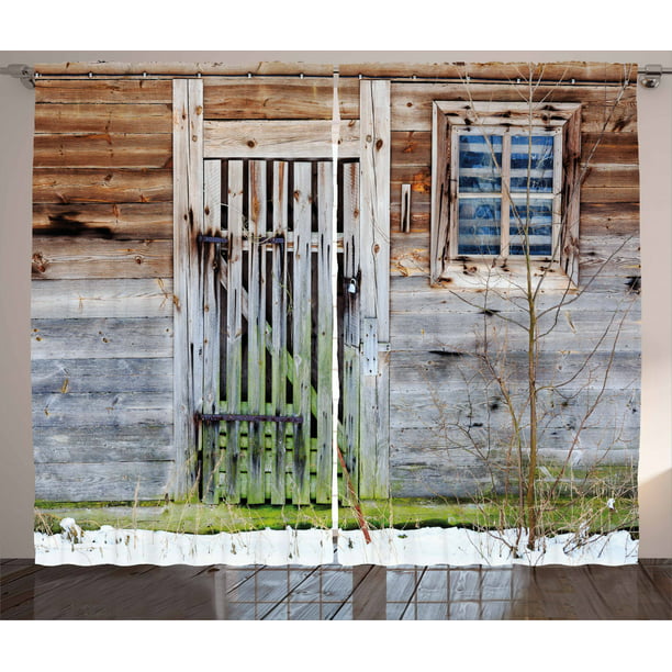Old Barn Farmhouse Countryside Cottage House in Garden Rural Vintage Picture Ambesonne Wooden Decor Curtains 108W X 84L Inches Brown Green Living Room Bedroom Window Drapes 2 Panel Set 
